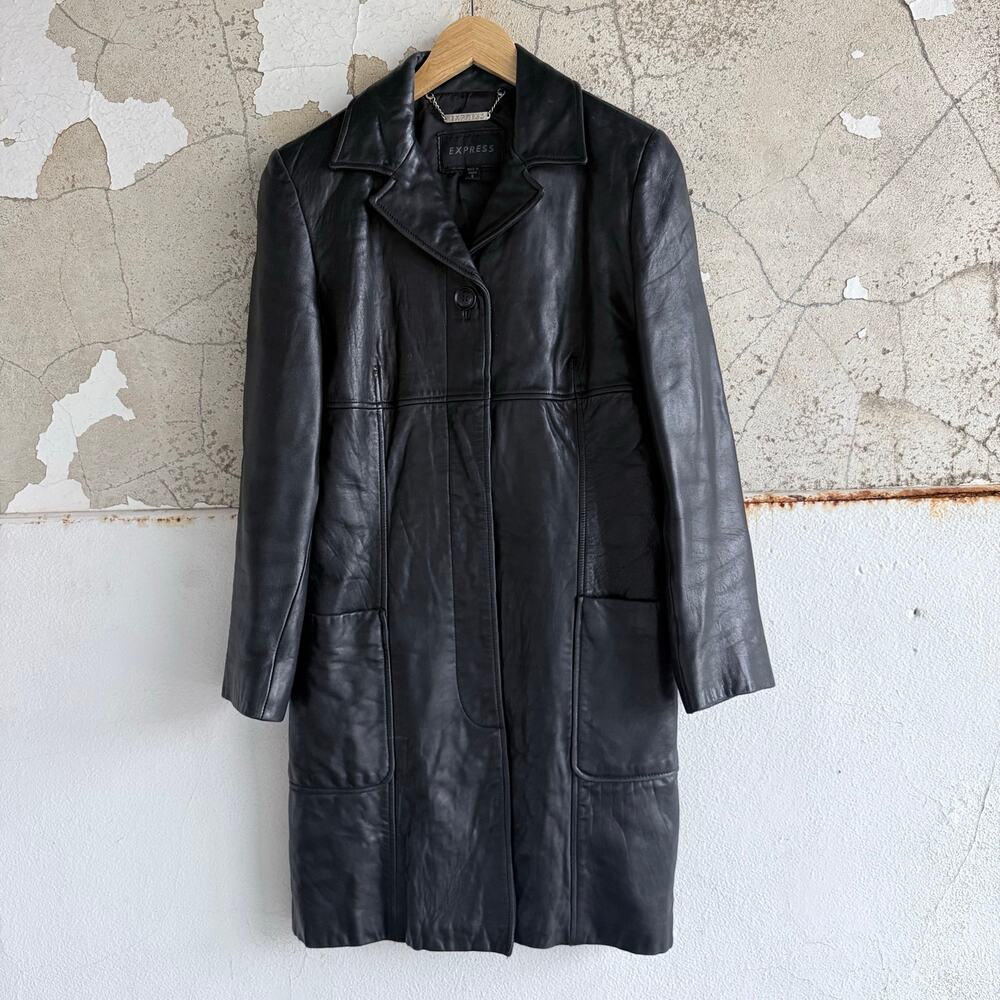 Express Leather Trench Coat Y2K Vintage Womens S Long Black Jacket‎ Minimalist